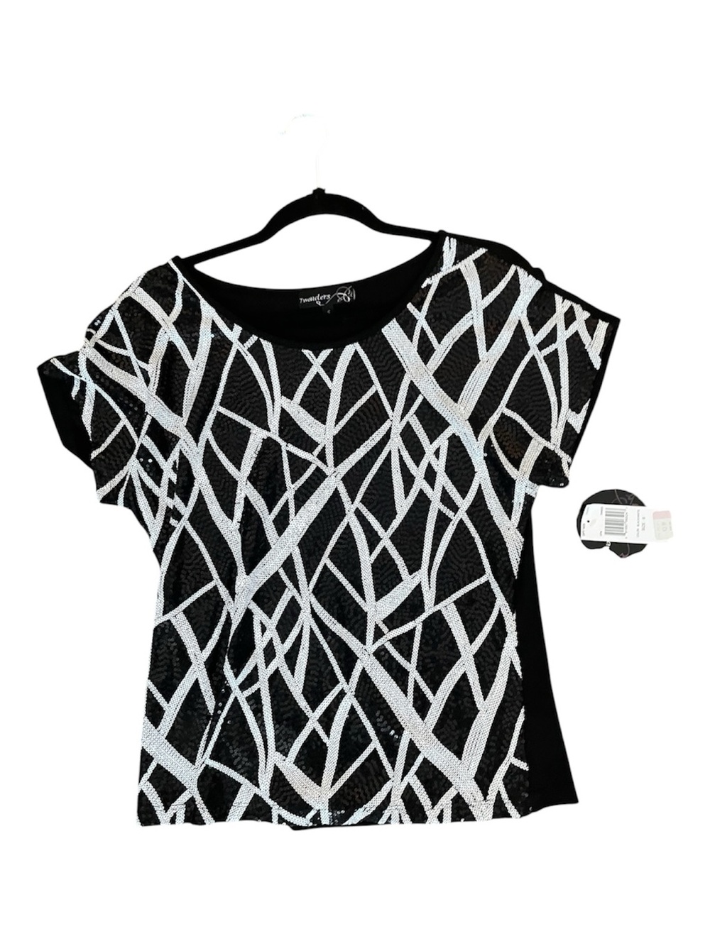 Black Short Sleeve Sequin Tee with White Abstract Pattern